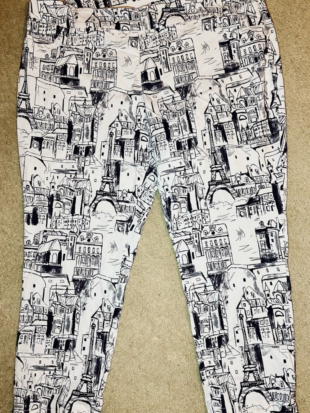 Slim-Sation Paris Print Pull-On Pants 24W Eiffel Tower Black White Stretch